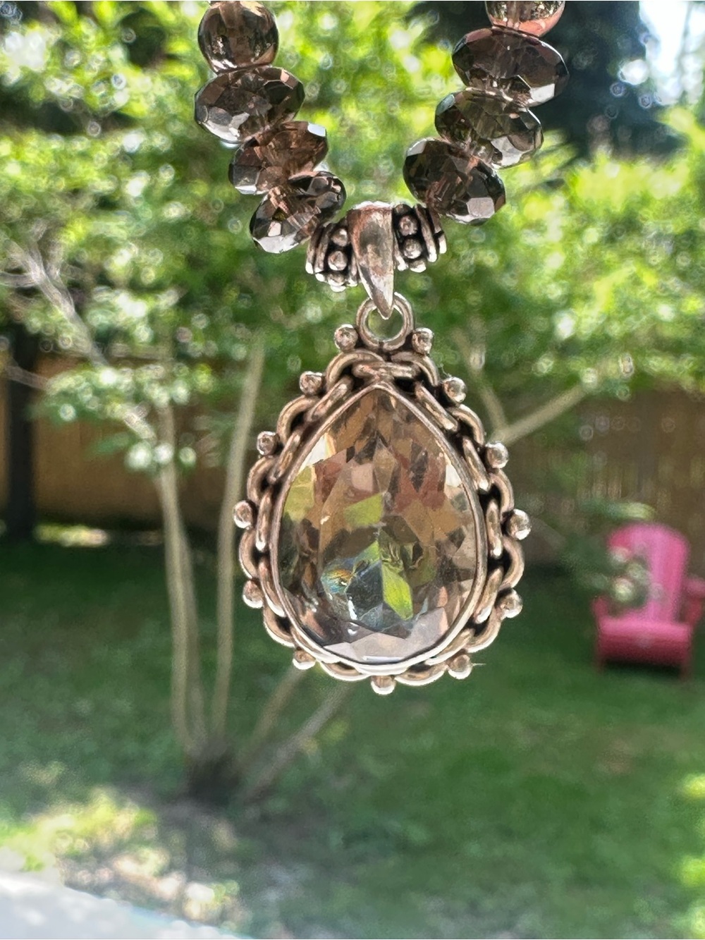 Vintage Smoky Quartz Teardrop Pendant Necklace sterling silver.